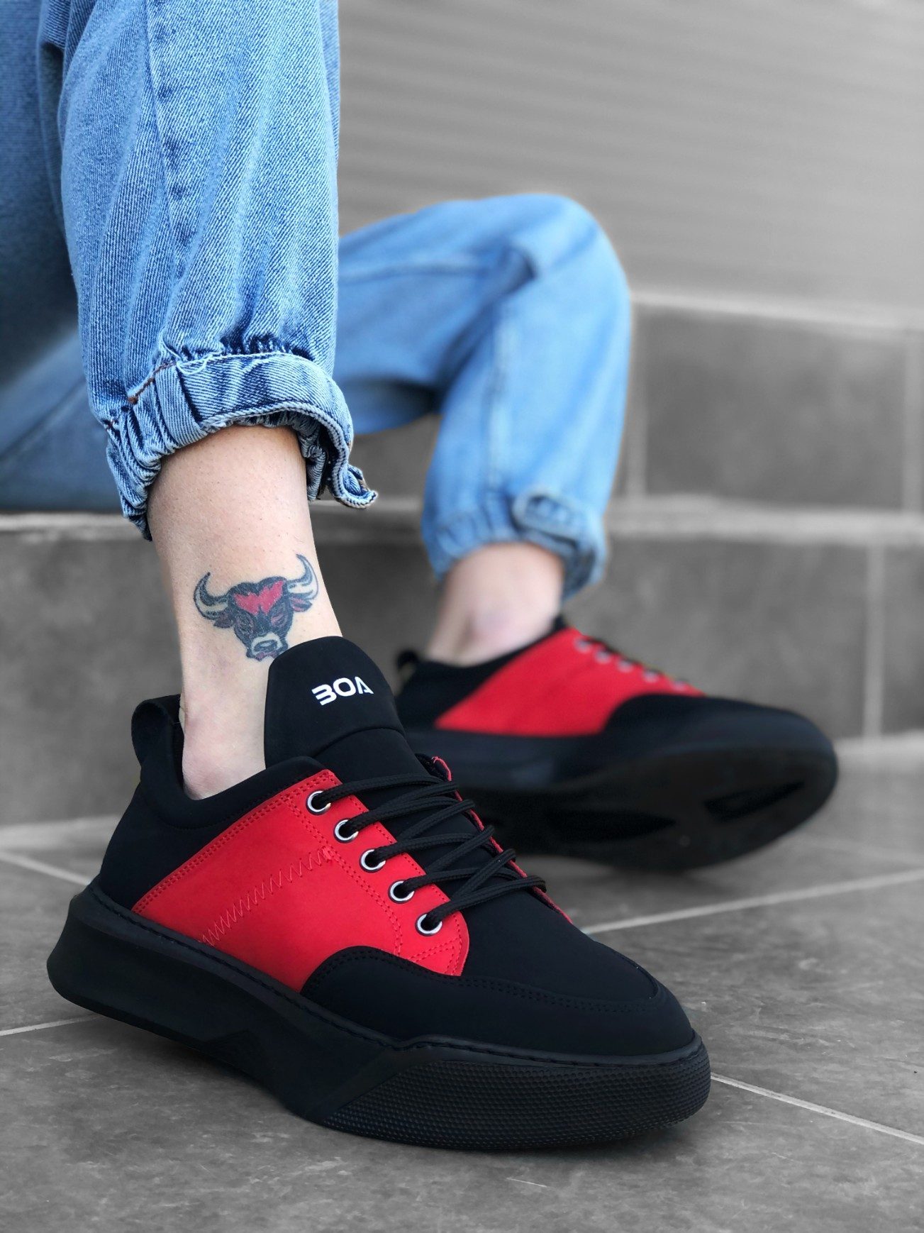 Lace-up Men's High Sole Black Red Sneakers