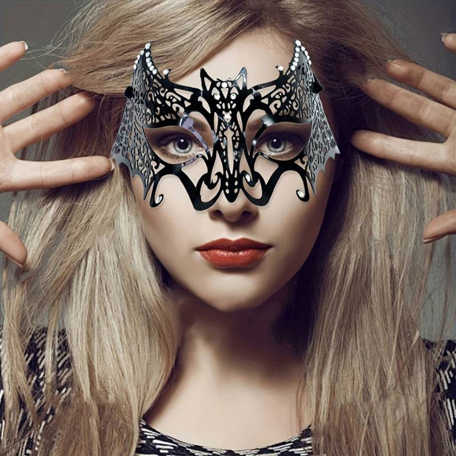 Black Color Laser Cut Metal Mask Bat Venice With Crystal Stones