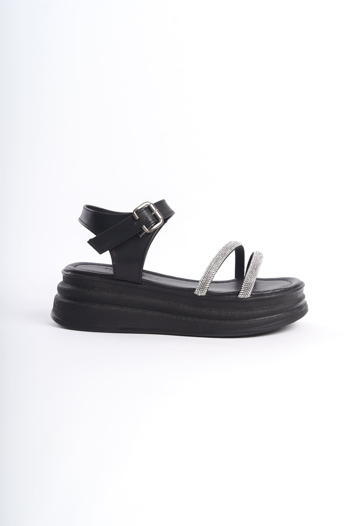 CLZ948 Thick Buckle Stone Stripe Orthopedic Sole Women's Sandals ST Black