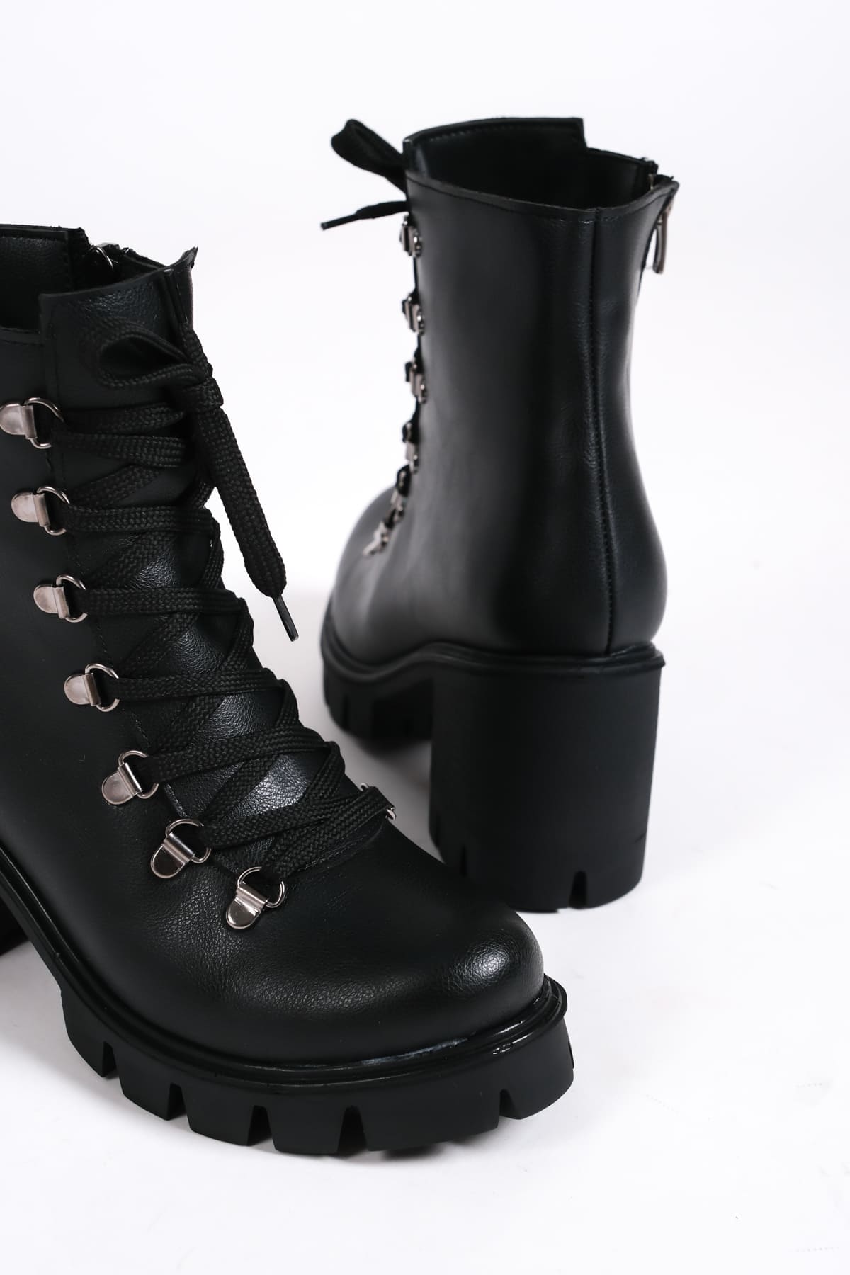 CLZ948 Lace-up Zippered Orthopedic Sole Waterproof and Cold Resistant Heeled Skin Women's Boots ST Black