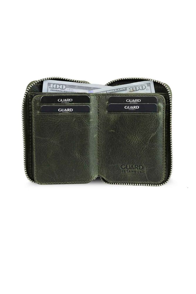 Antique Green Leather Mini Wallet with Zipper