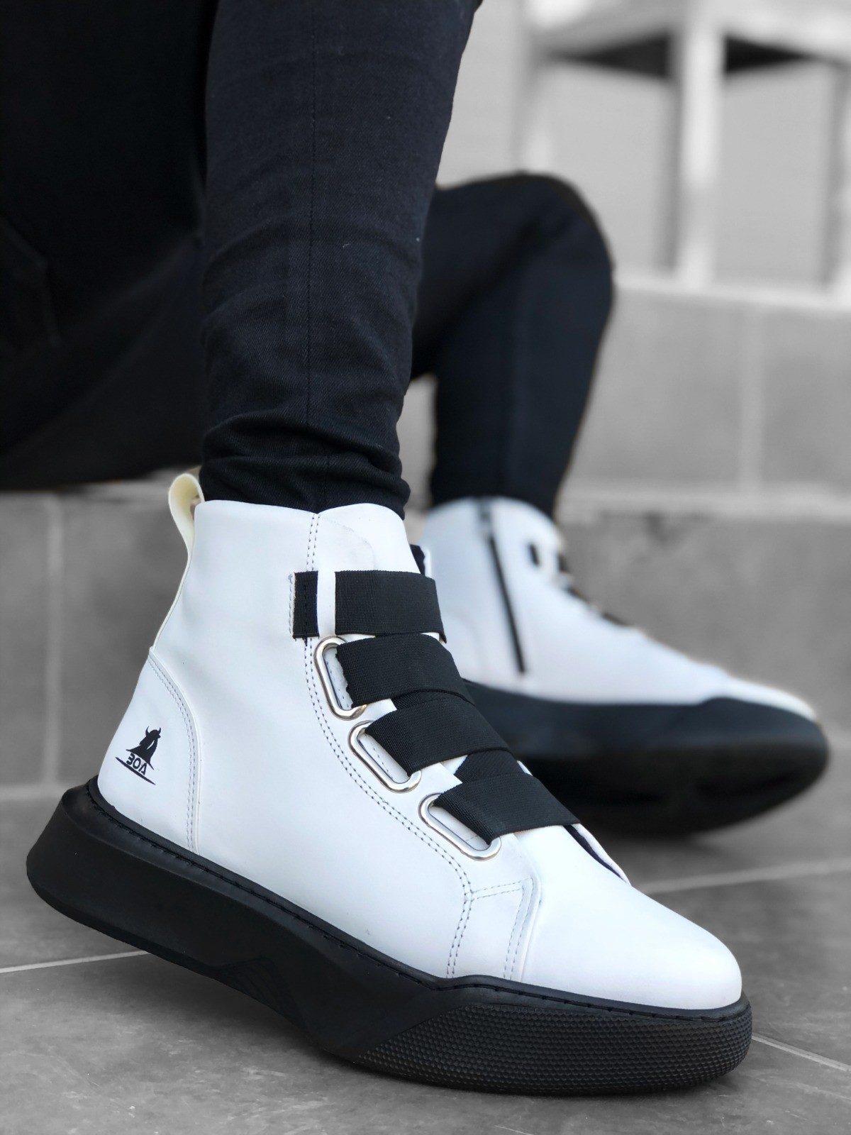 Men's High Sole White Black Sport Boots with Straps