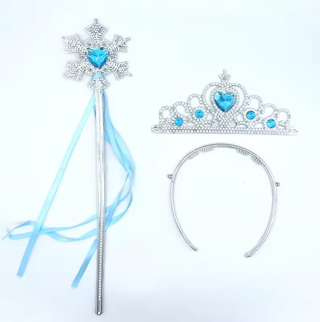 Frozen Elsa Blue Heart Crown and Snow Themed Wand Set