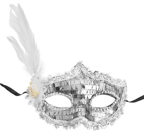 Silver Sequin Sequin White Color Side Feather Party Mask 18x22 cm