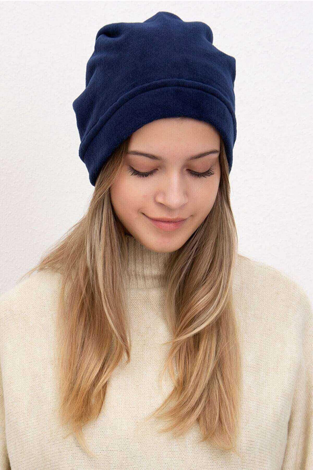 Fleece Unisex Drawstring Beanie and Neck Collar Navy Blue