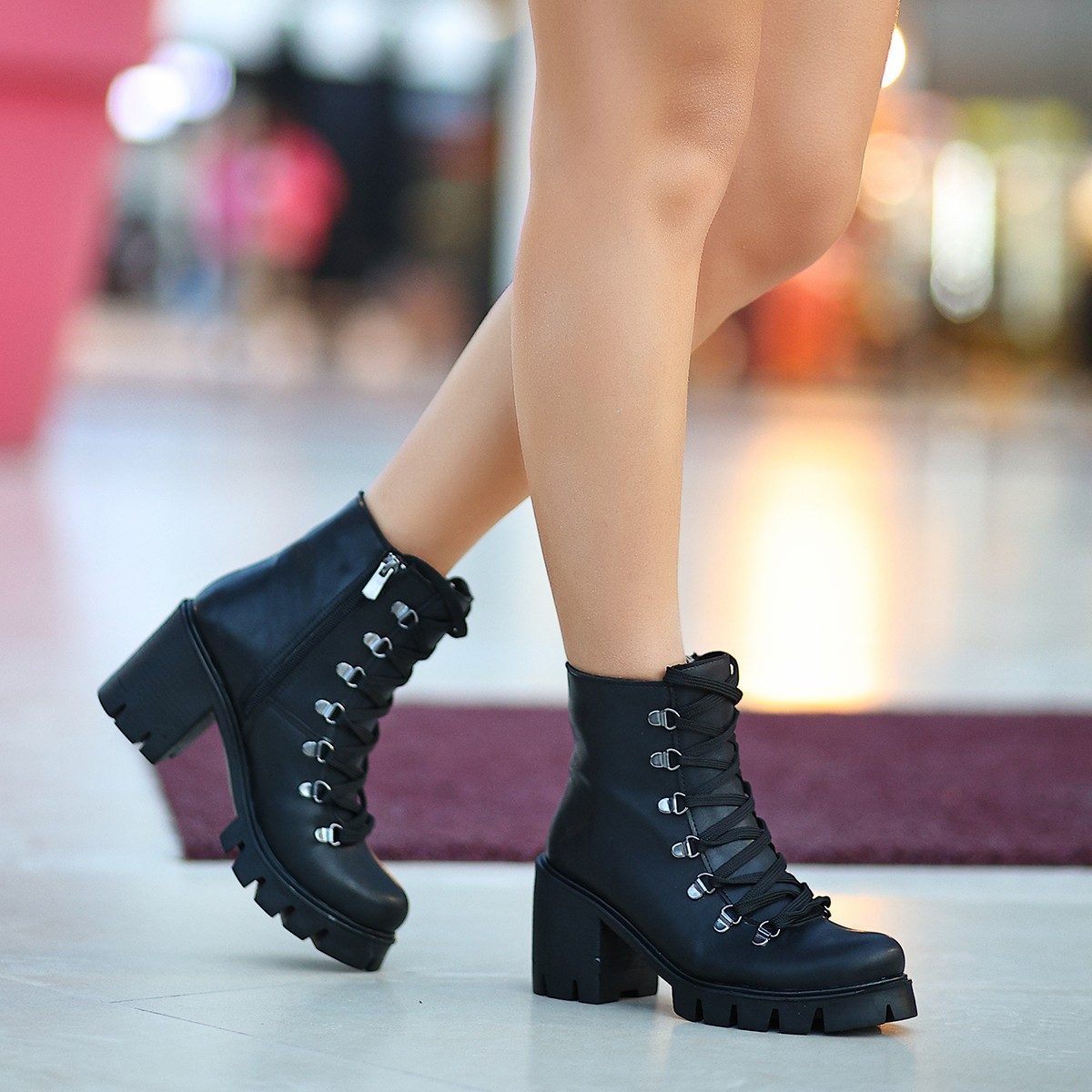 Black Skin Lace-up Boots