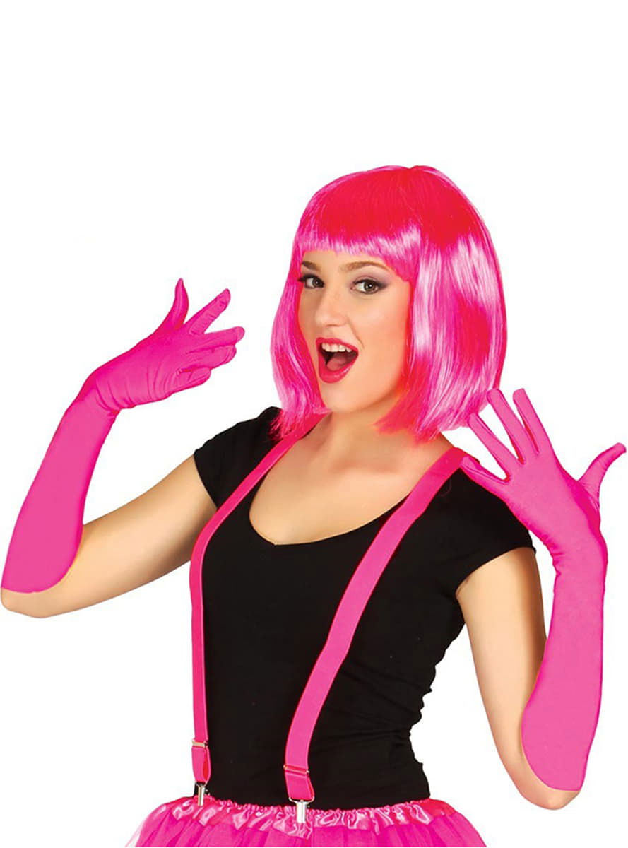 Fuchsia Color Satin Long Gloves and Blunt Party Wig