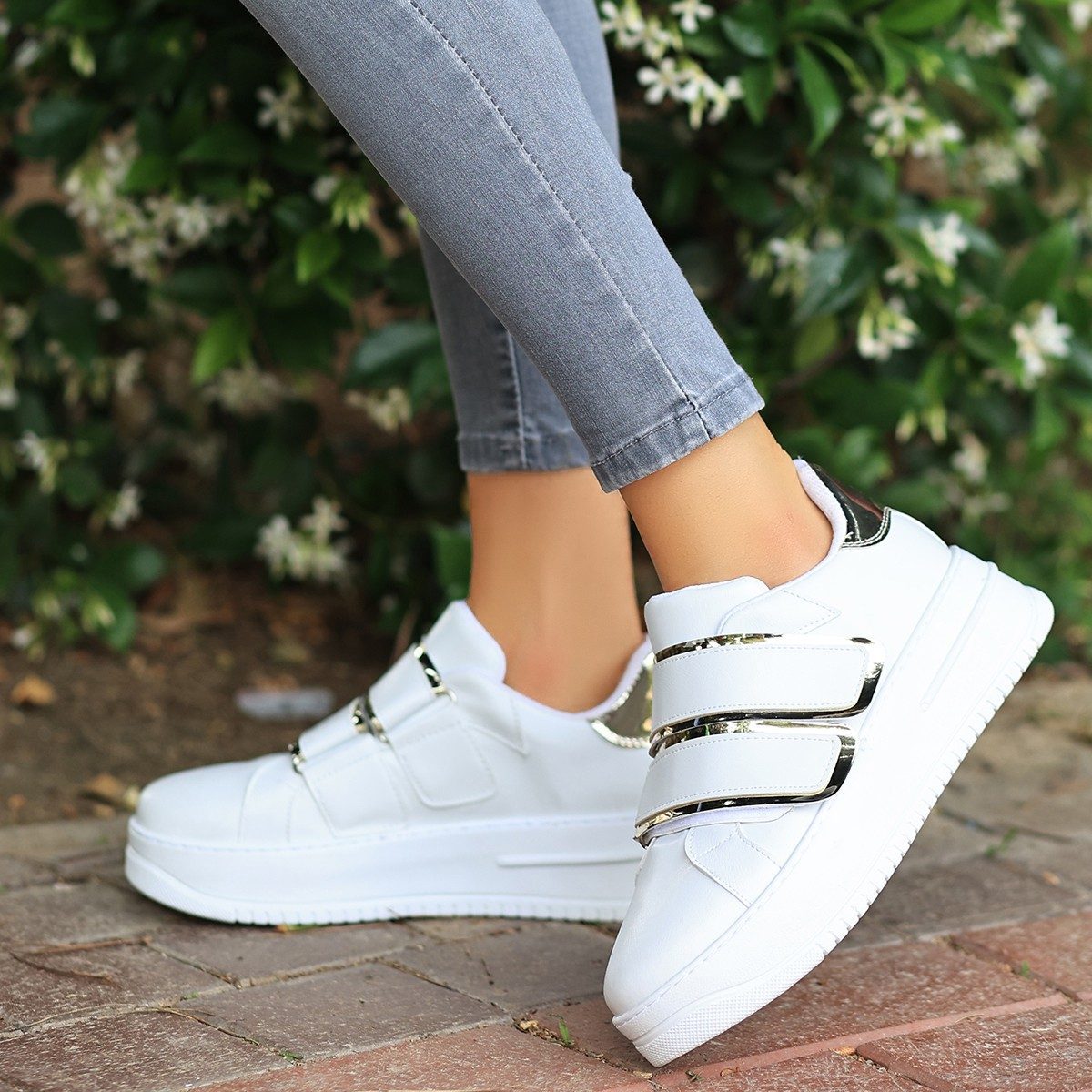 White Leather Sneakers with Silver Detail