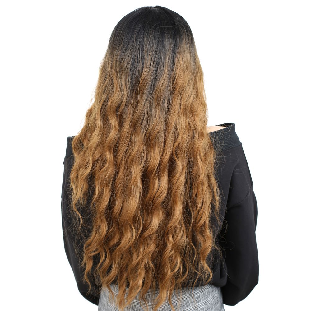 Kanekalon Fiber Synthetic Long Water Wavy Look Wig / Black / Caramel Ombré