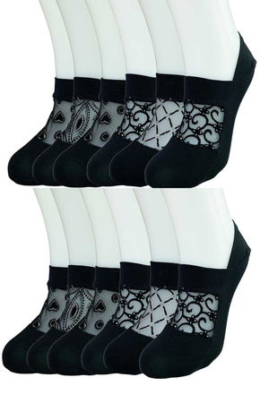 12 Pcs Front Transparent Women's Fancy Patterned Babet Socks