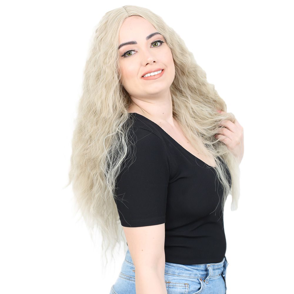 Long Kanekalon Fiber Synthetic Wig with Embossed Wavy / Balköpö / Platinum Highlights