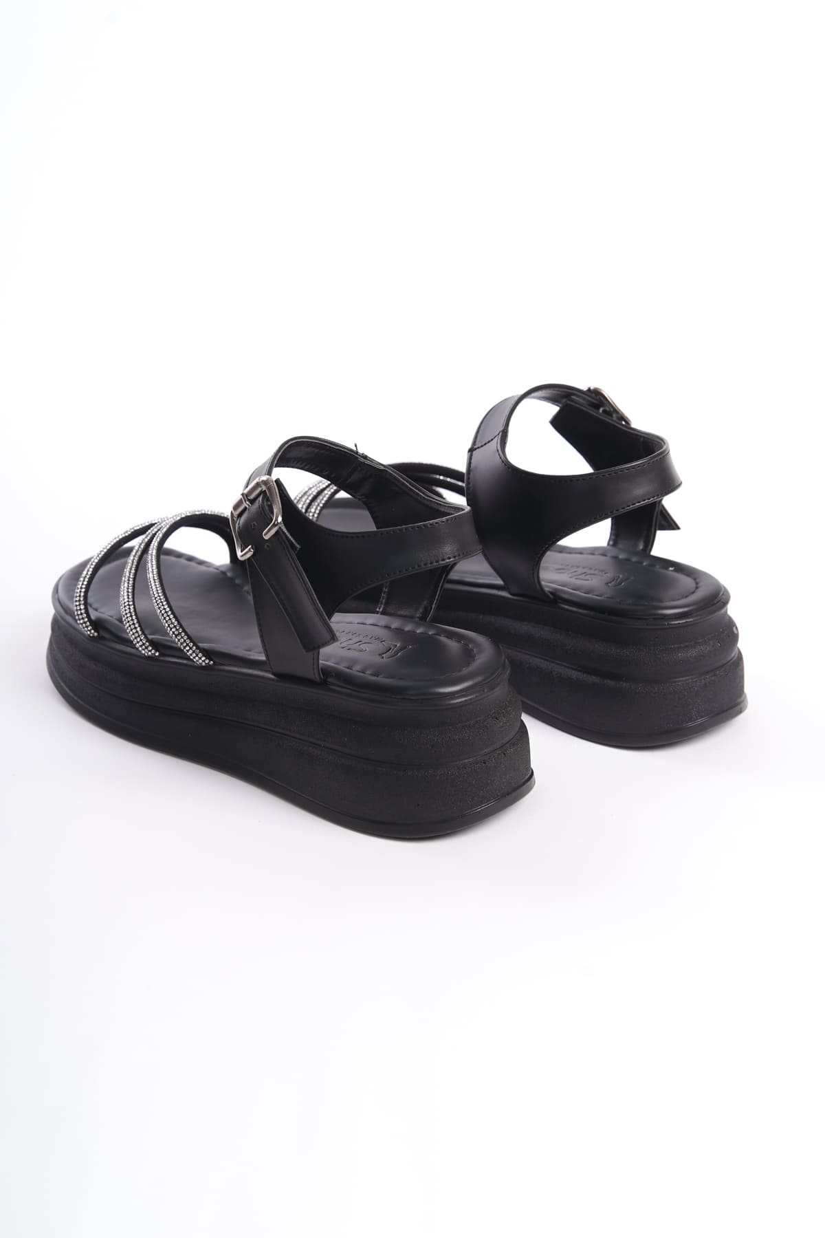 CLZ948 Thick Buckle Stone Stripe Orthopedic Sole Women's Sandals ST Black