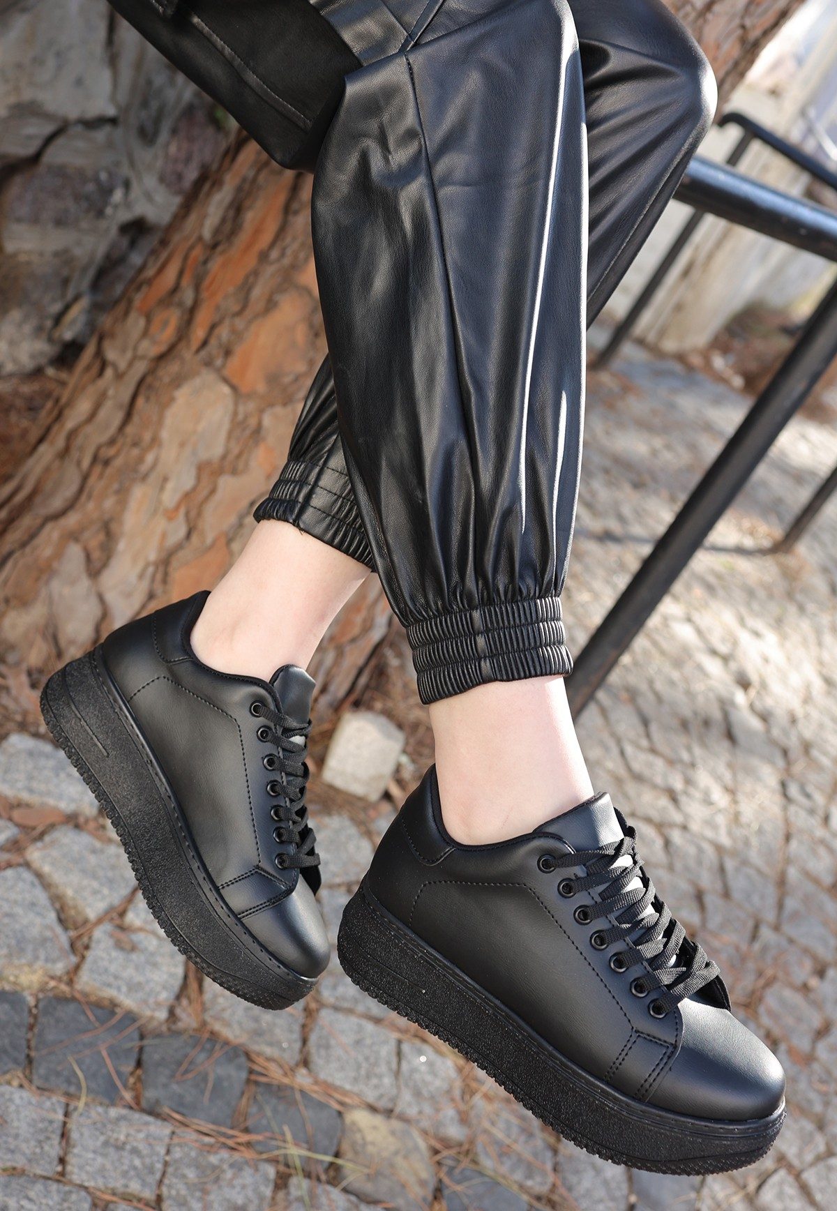 Black Skin Lace-Up Sneakers