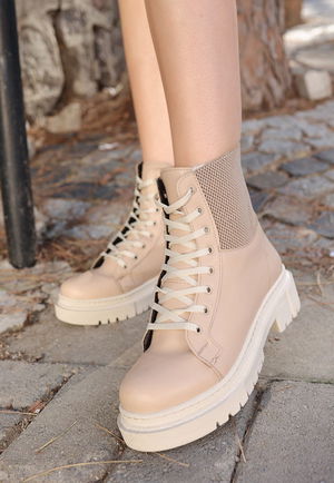 Cream Skin Lace-up Boots