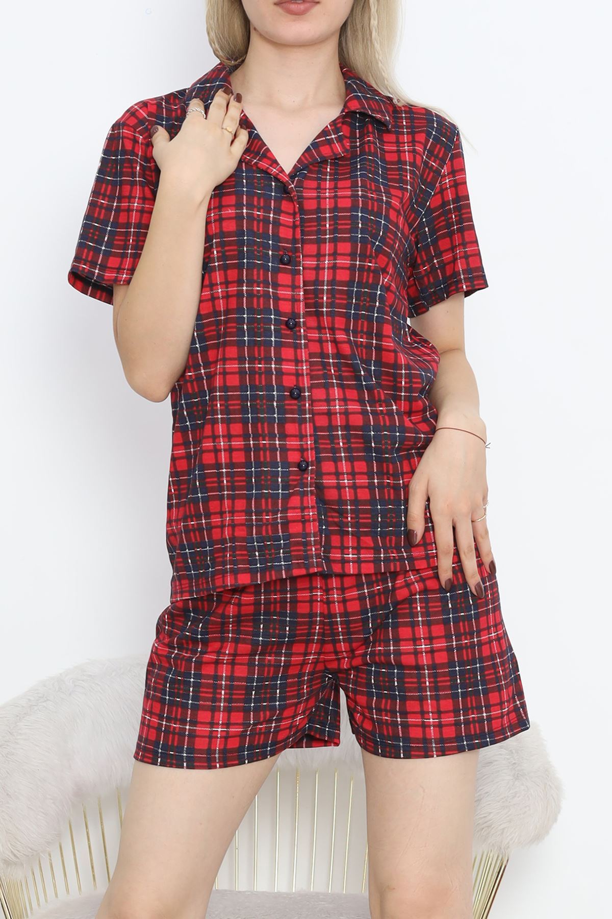 Front Button Shorts Suit PlaidRed