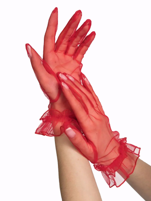 Short Length Lycra Guipure Adult Tulle Gloves Red Color