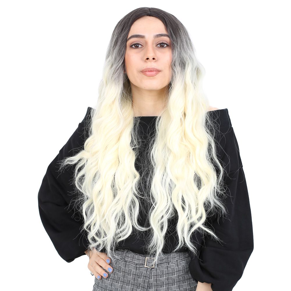 Kanekalon Fiber Synthetic Long Water Wavy Look Wig / Light Black / Platinum Ombré