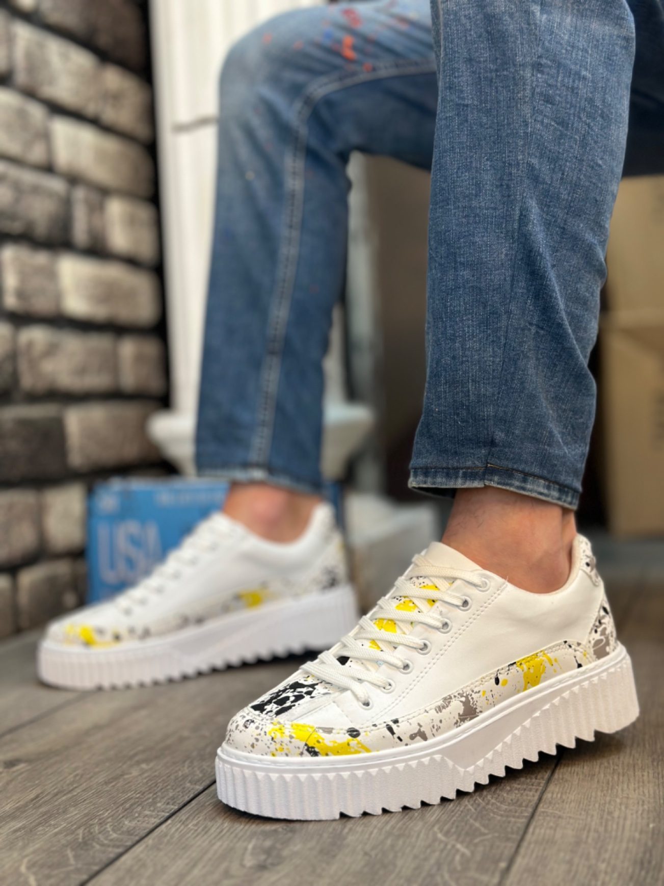 High Sole Yellow Black Patterned Men's Sneakers