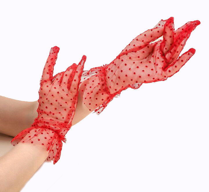 Short Length Guipure Red Polka Dot Tulle Gloves Red Color