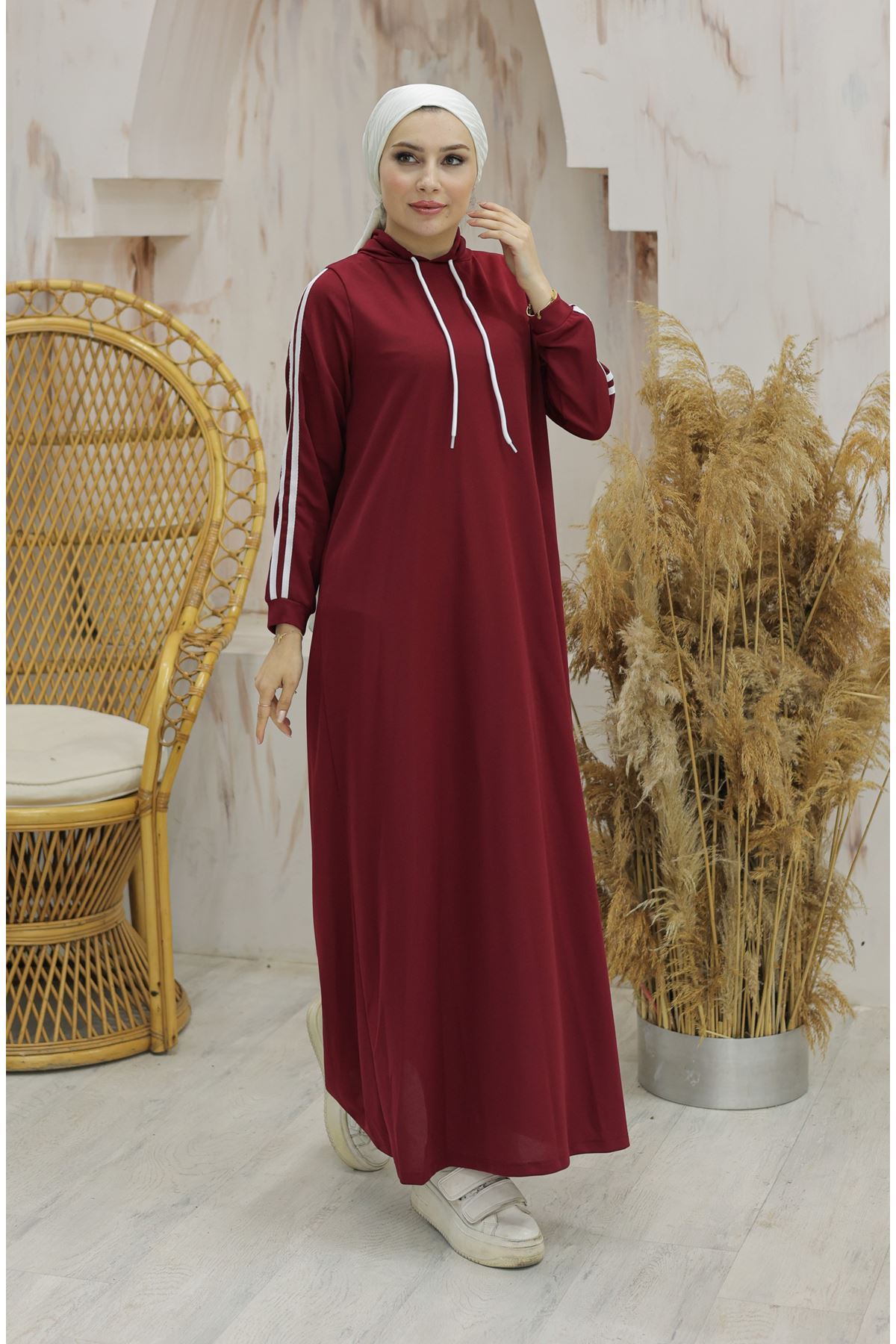 Hooded Stripe Detailed Dress Burgundy