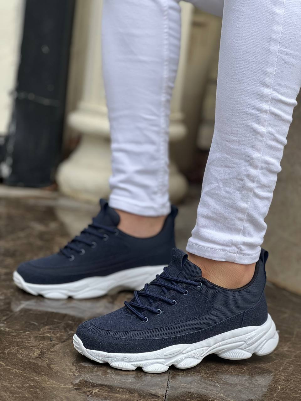 Navy Blue Suede High Sole Lace-up Casual Men's Shoes