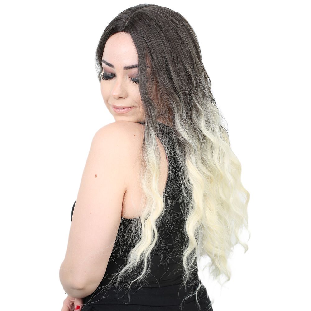 Kanekalon Fiber Synthetic Wig / Ashy Black / Platinum Ombré with Water Wavy Look and Long Bangs