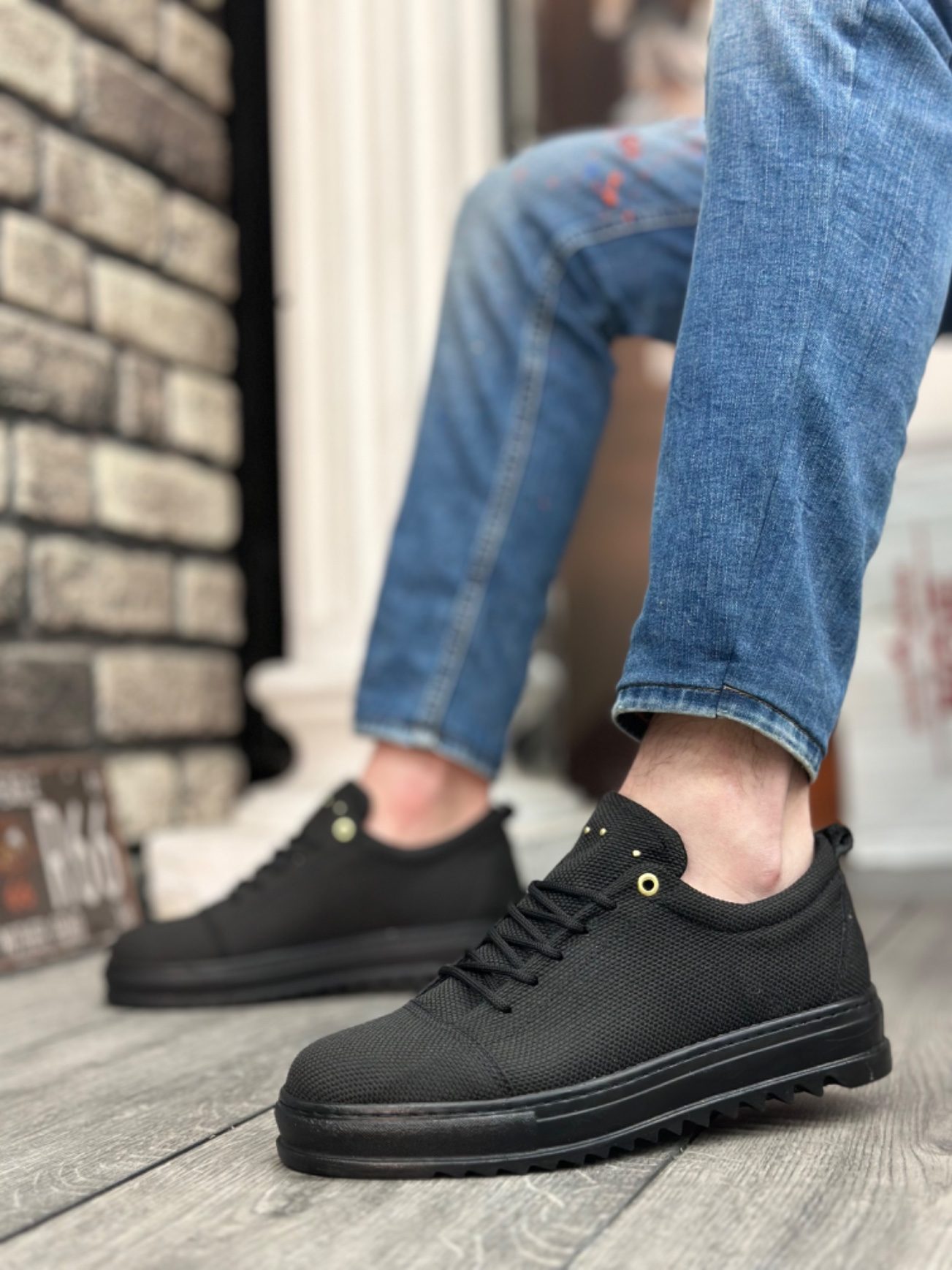 Lace-up High Sole Black Linen Black Sole Men's Shoes