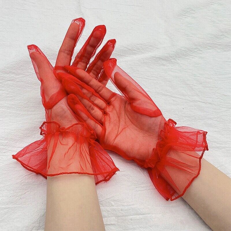 Short Length Lycra Guipure Adult Tulle Gloves Red Color