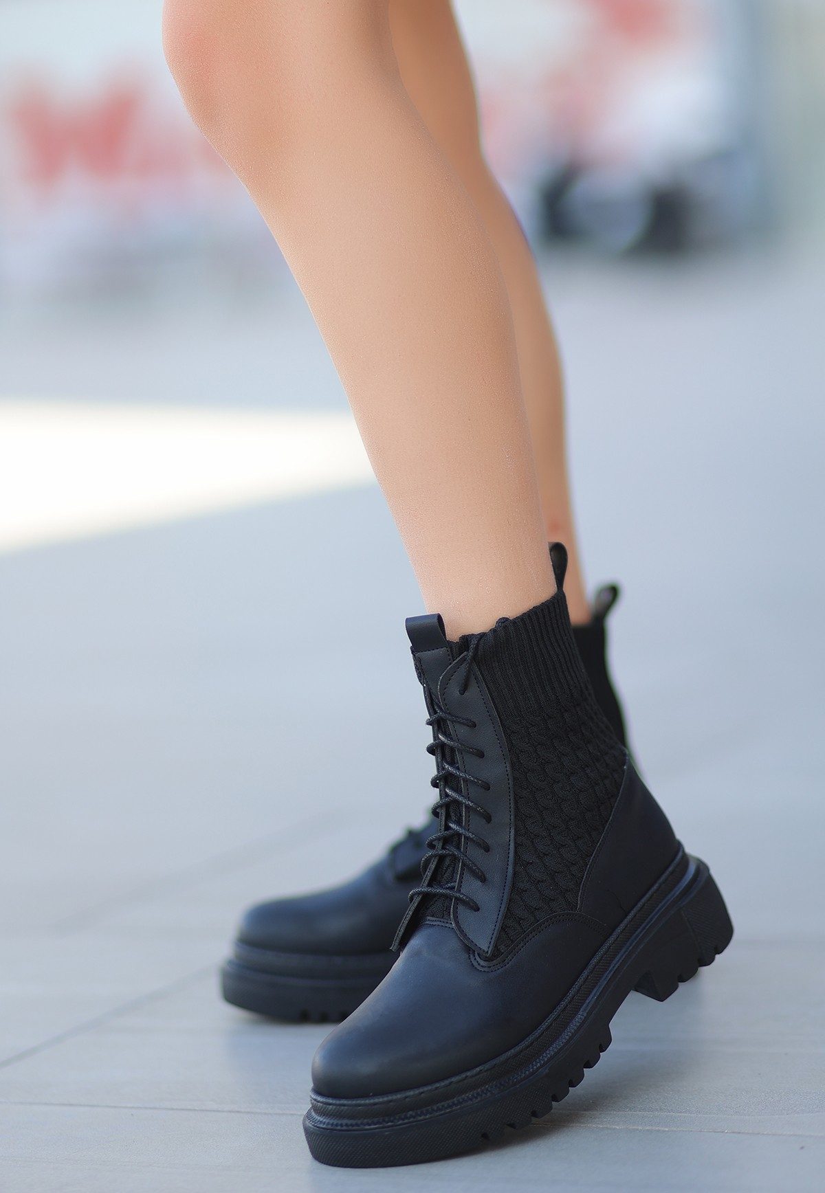 Black Skin Lace-up Boots