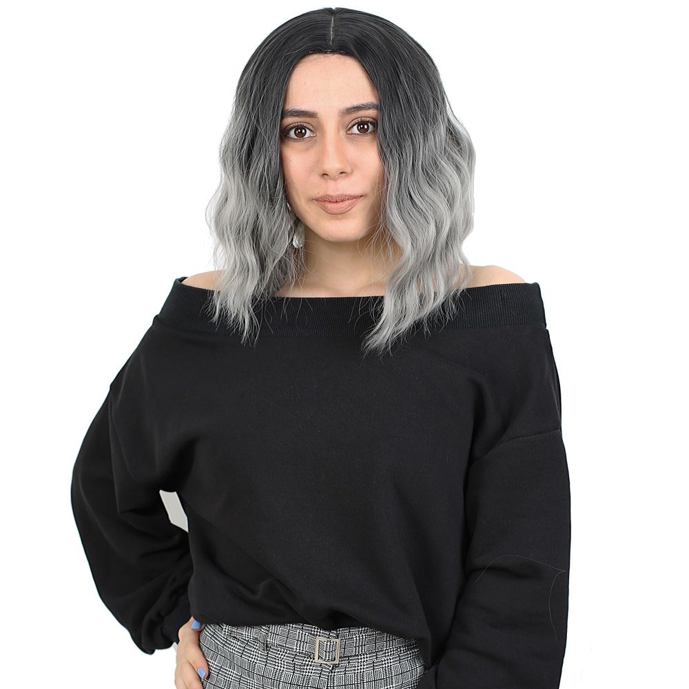 Kanekalon Fiber Synthetic Short Wavy Bangs Wig / Black / Gray Ombré