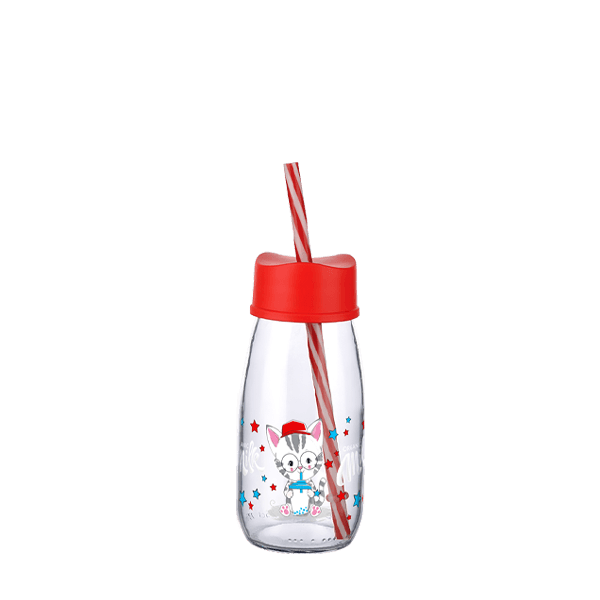 Straw Water And Milk Bottle Glass 250 ML - Red