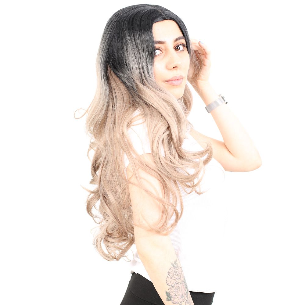 Super Dense Wavy Kanekalon Fiber Synthetic Long Bangs Toupee / Black / Ashy Baby Yellow Ombré