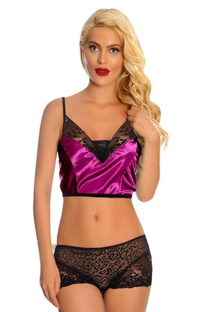 Purple Satin Lace Babydoll Shorts Set