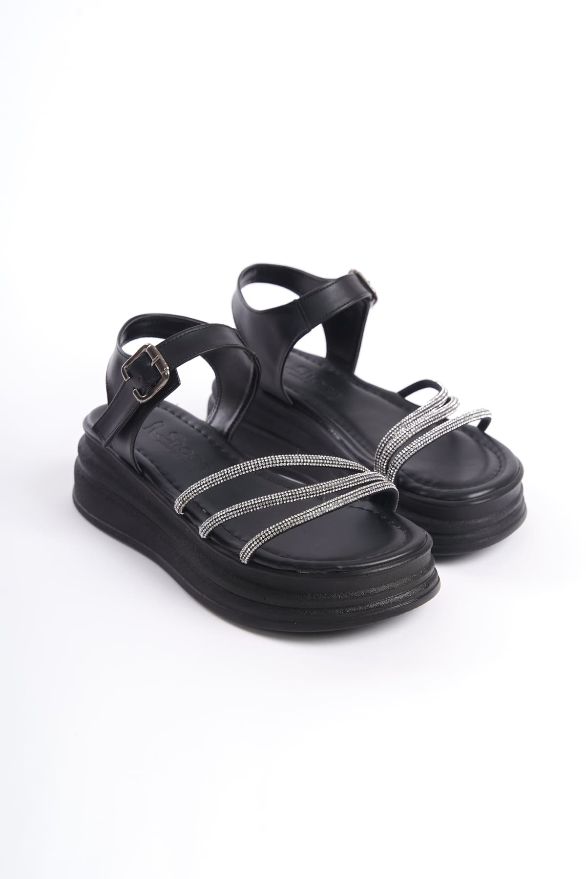 CLZ948 Thick Buckle Stone Stripe Orthopedic Sole Women's Sandals ST Black