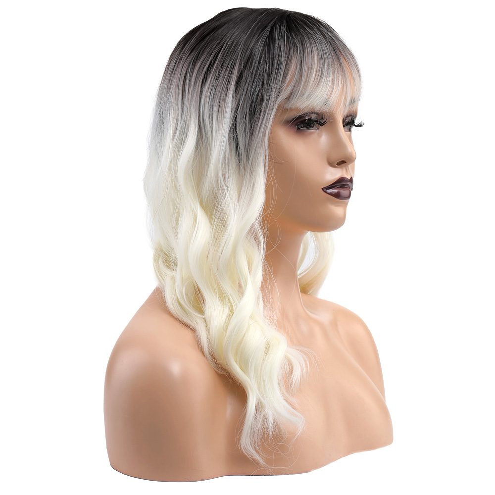 Kanekalon Fiber Synthetic Wig with Wavy Short Custom Bangs / Brown / White Platinum Ombré