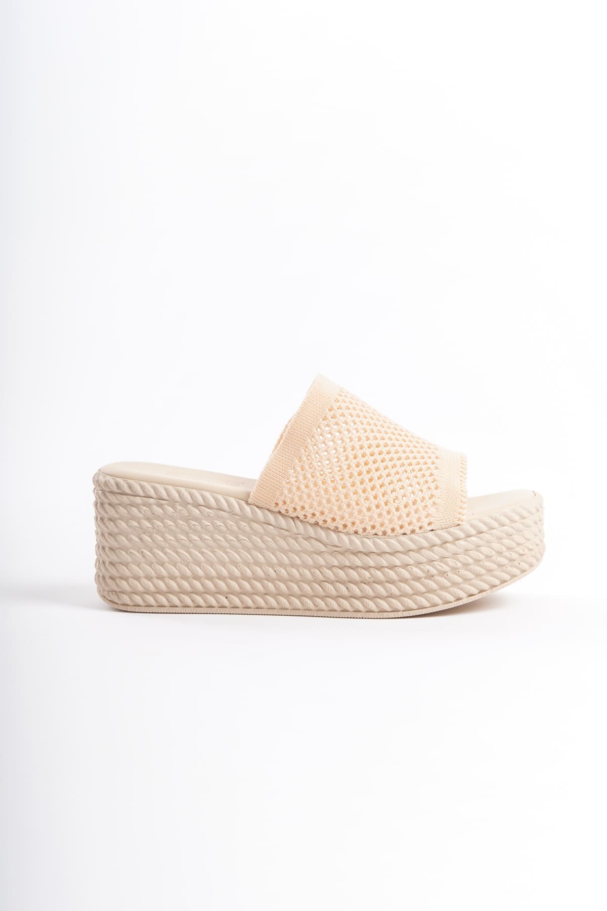 CLZ948 Filled Heeled Orthopedic Sole Straw Look Knitwear Women's Slippers KT Cream