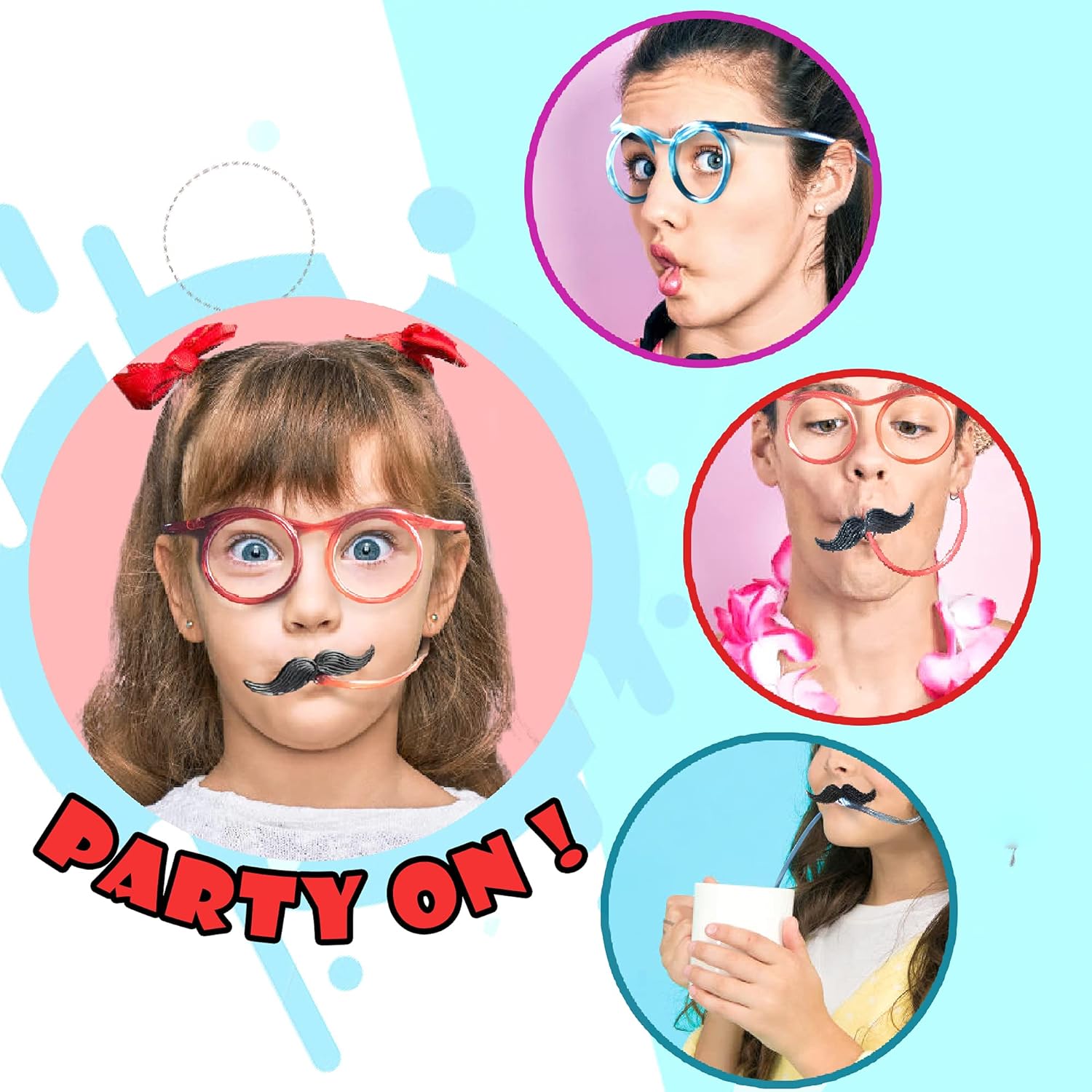 Straw Party Glasses - Kids and Adults Mustache Straw Glasses Pink Color 18x14 cm