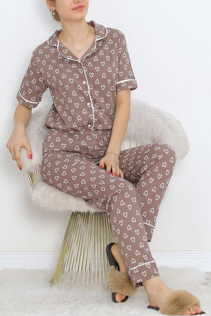 Button Pajama Set Brown-White