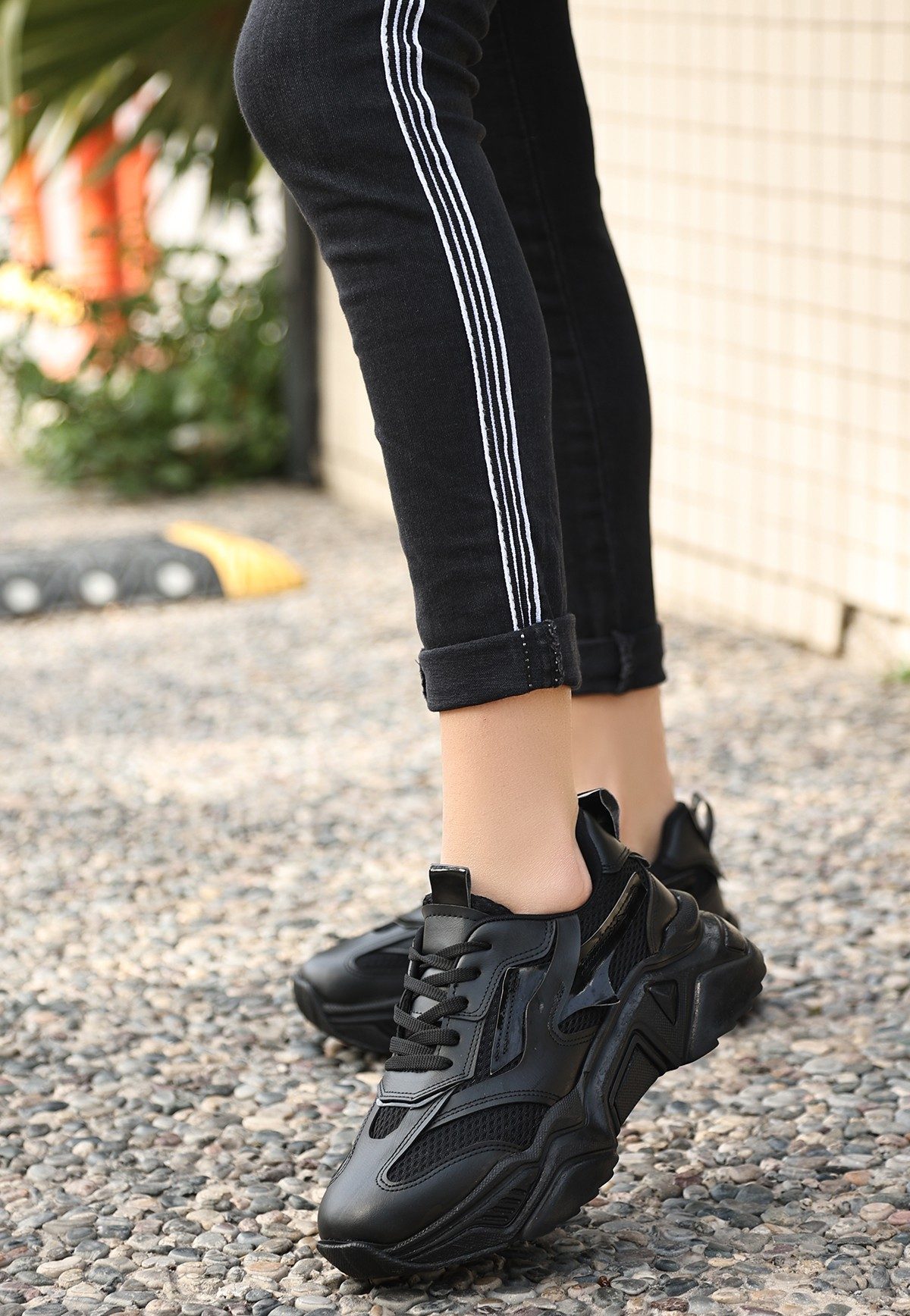 Black Skin Lace-Up Sneakers