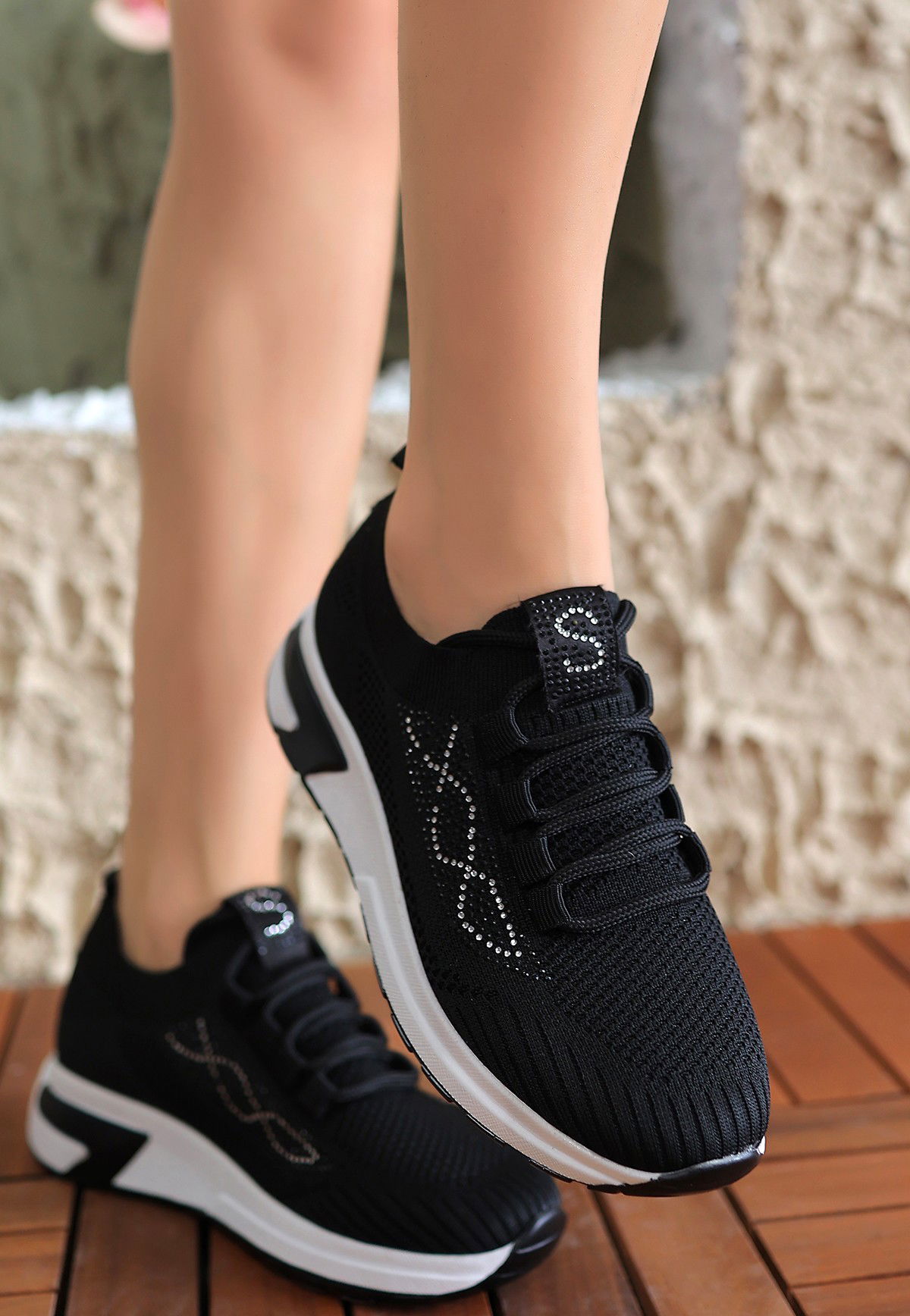 Black Tricot Lace-Up Sneakers