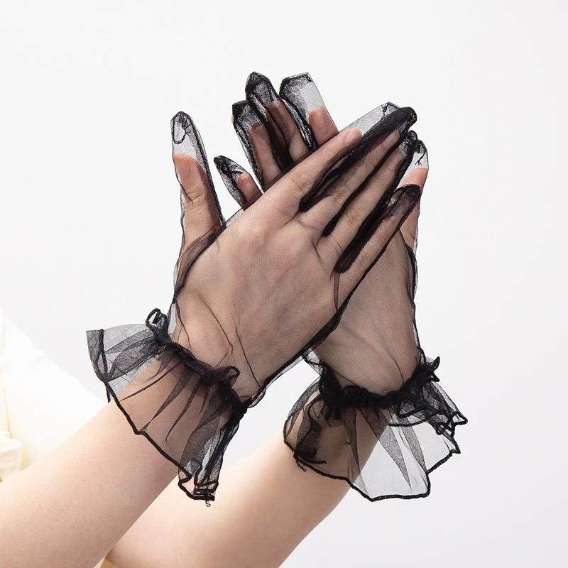 Short Length Lycra Guipure Adult Tulle Gloves Black Color