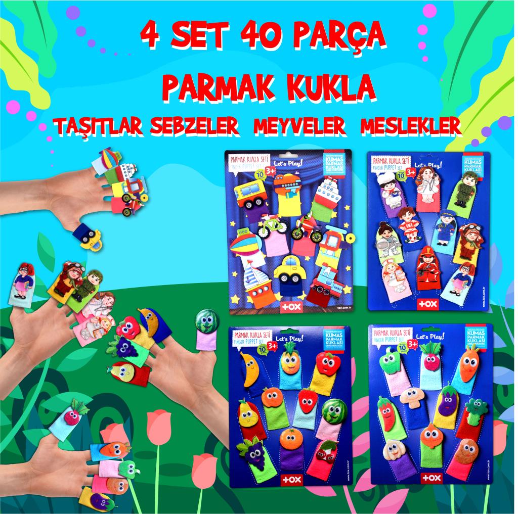 4 Set - 40 Pieces Fruits, Vegetables, Professions and Vehicles Finger Puppet