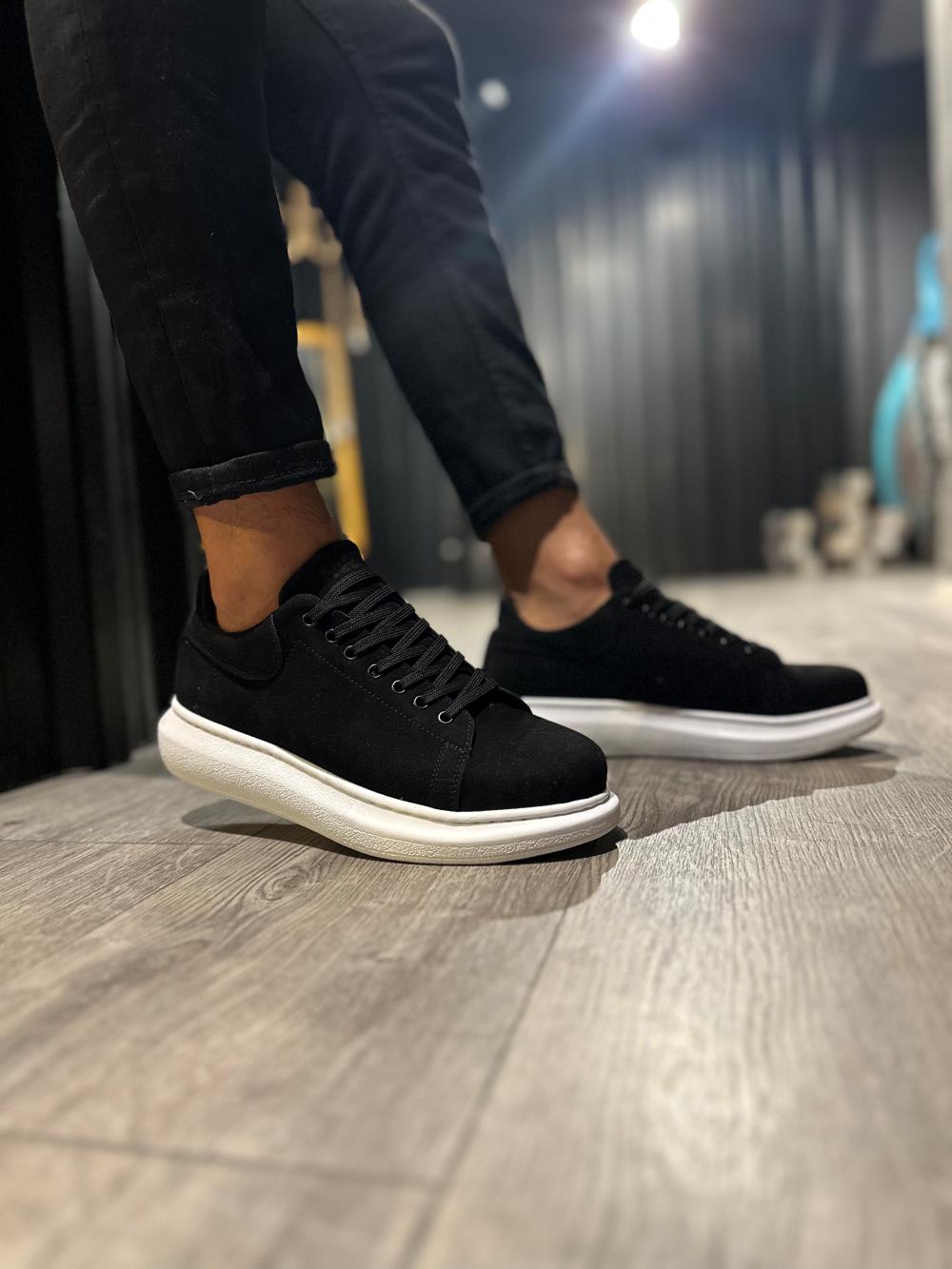 High Sole Casual Shoes Black Suede (White Sole)