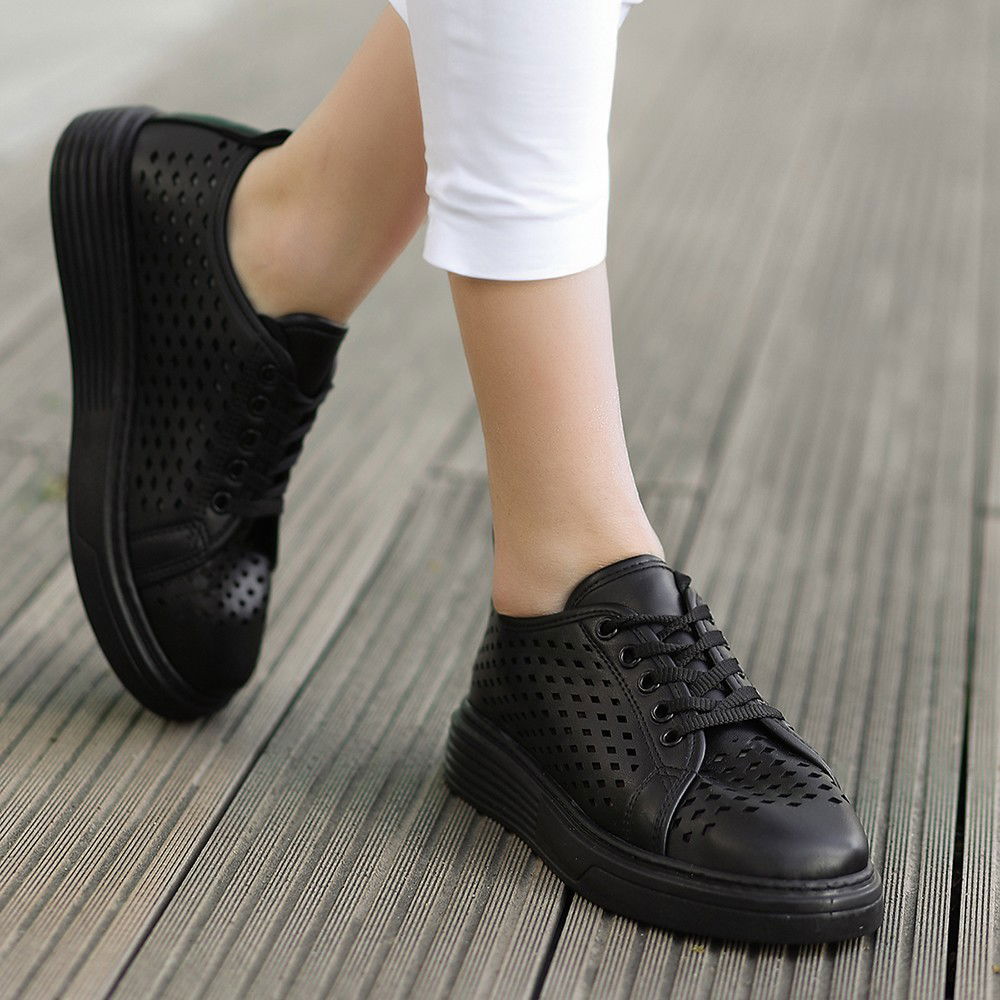 Black Skin Lace-Up Sneakers