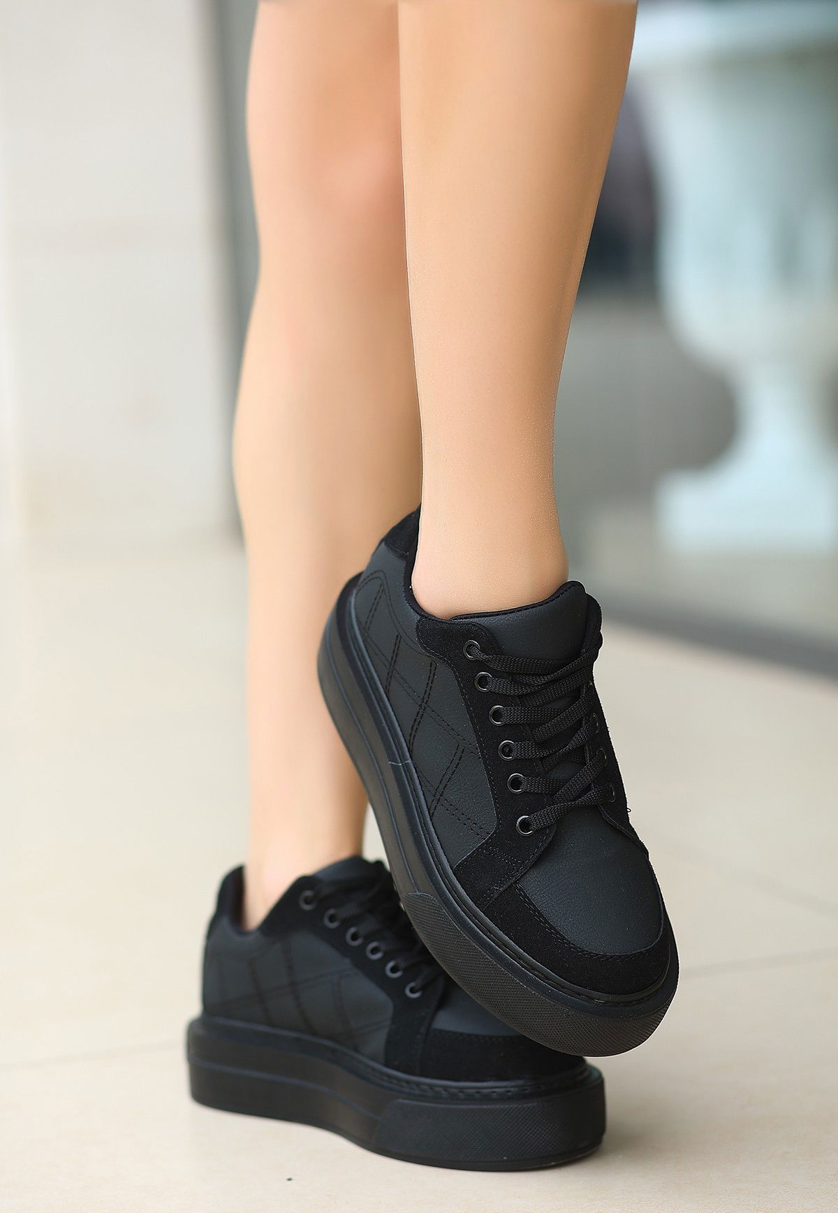 Black Skin Suede Lace-Up Sneakers