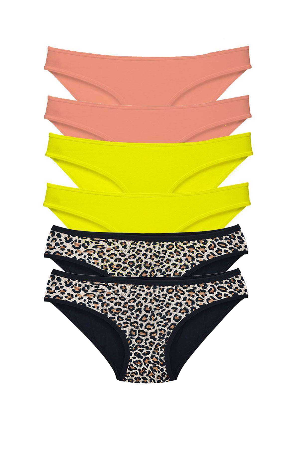 6 Pcs Lycra Women Slip Panties Leopard Powder Yellow