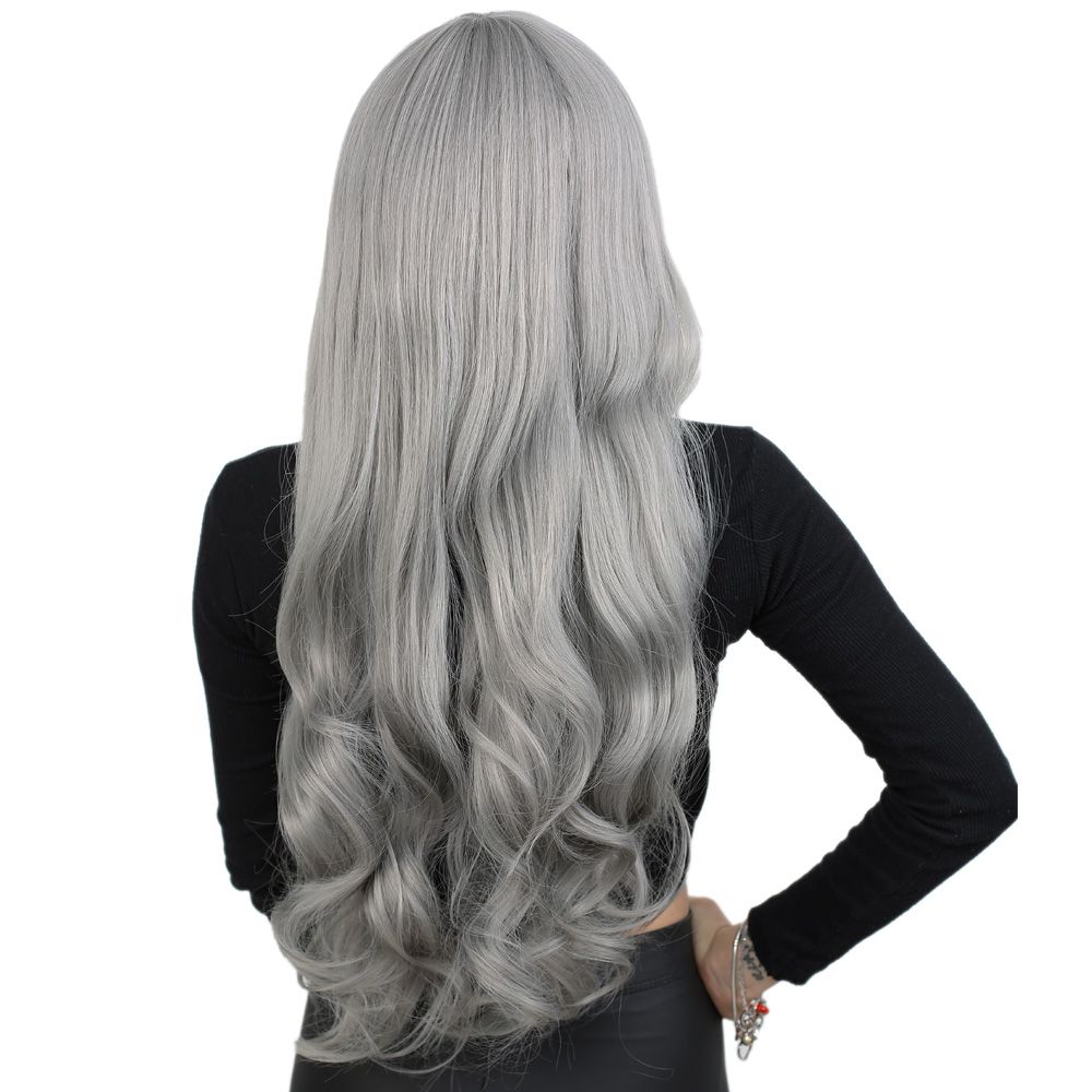 Long Wavy Kanekalon Fiber Synthetic Wig with Custom Bangs / Gray