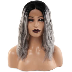 Kanekalon Fiber Synthetic Wavy Short Tulle Wig / Black Gray Ombré