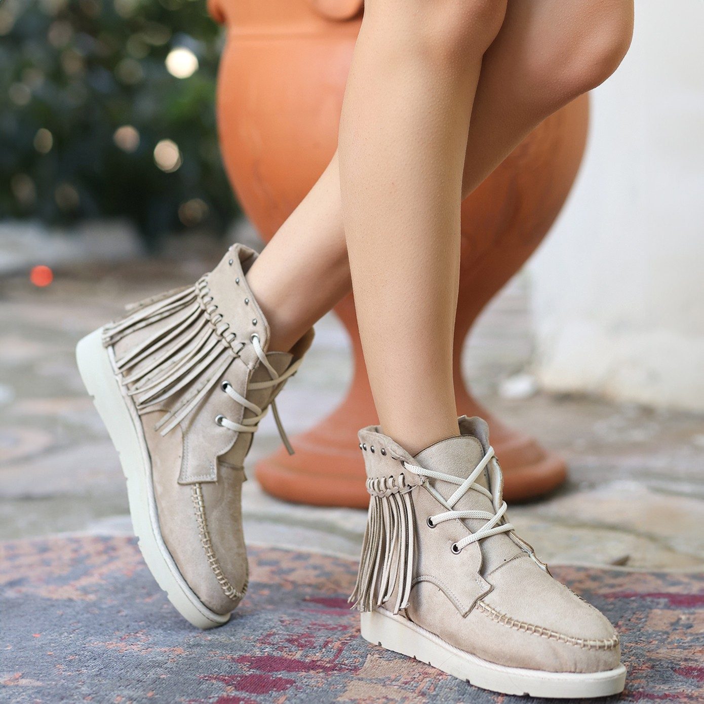 Beige Suede Lace-up Boots