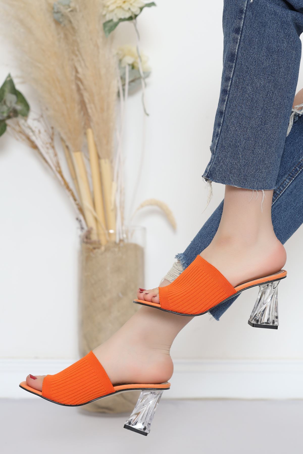 7 Cm Glass Heeled Slippers Orange